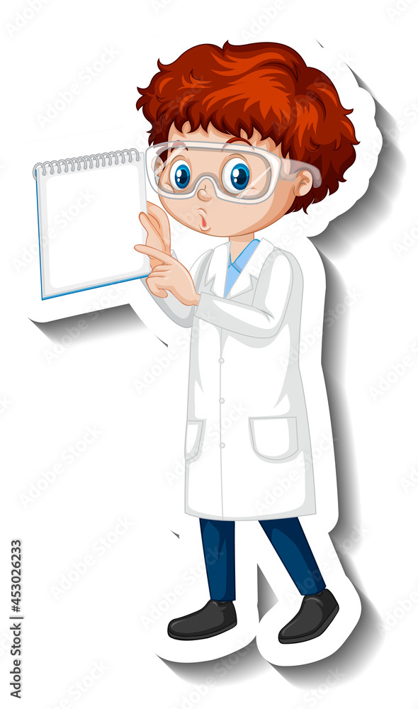 Cartoon character sticker with a boy in science gown Cartoon character sticker with a boy in science gown