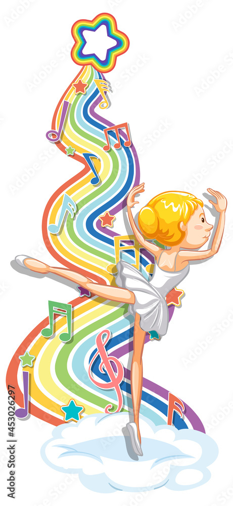 Ballerina with melody symbols on rainbow wave Ballerina with melody symbols on rainbow wave