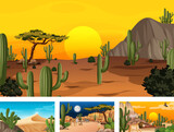 Four different desert forest landscape scenes with animals and plants