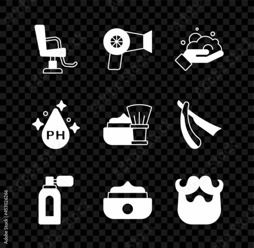 Set Barbershop chair, Hair dryer, Shaving foam on hand, Aftershave with atomizer, Gel or wax for styling, Mustache beard, Oil care treatment and brush icon. Vector