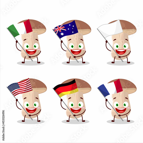 Brown cap boletus cartoon character bring the flags of various countries