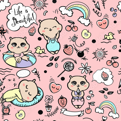 Vector hand drawn colored baby seamless repeating simple flat pattern with cute hamsters on pink background. Hamster doodle. Cute baby animals. Pattern for kids with hamsters. Web