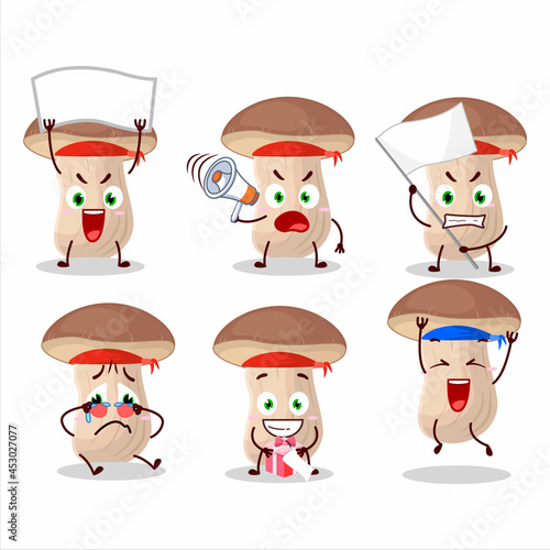 Mascot design style of brown cap boletus character as an attractive supporter
