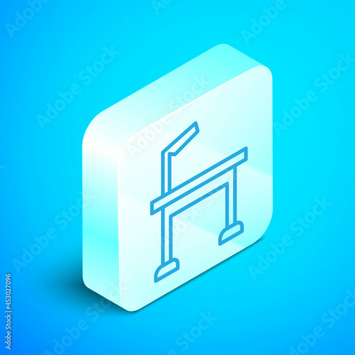 Isometric line Pet grooming table icon isolated on blue background. Silver square button. Vector