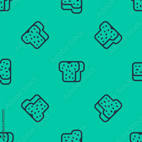 Blue line Bread toast for sandwich piece of roasted crouton icon isolated seamless pattern on green background. Lunch, dinner, breakfast snack. Vector