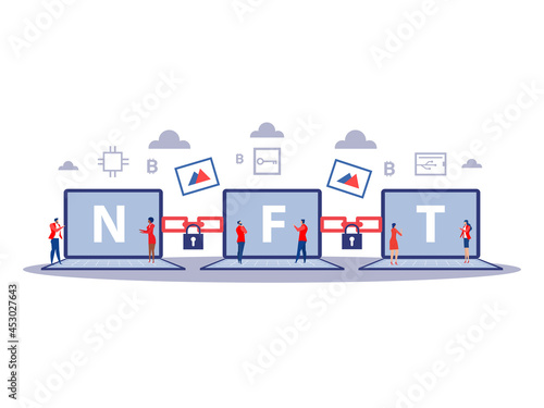 Non fungible token sell and buy art on market place illustration landing page for websites, mobile applications vector