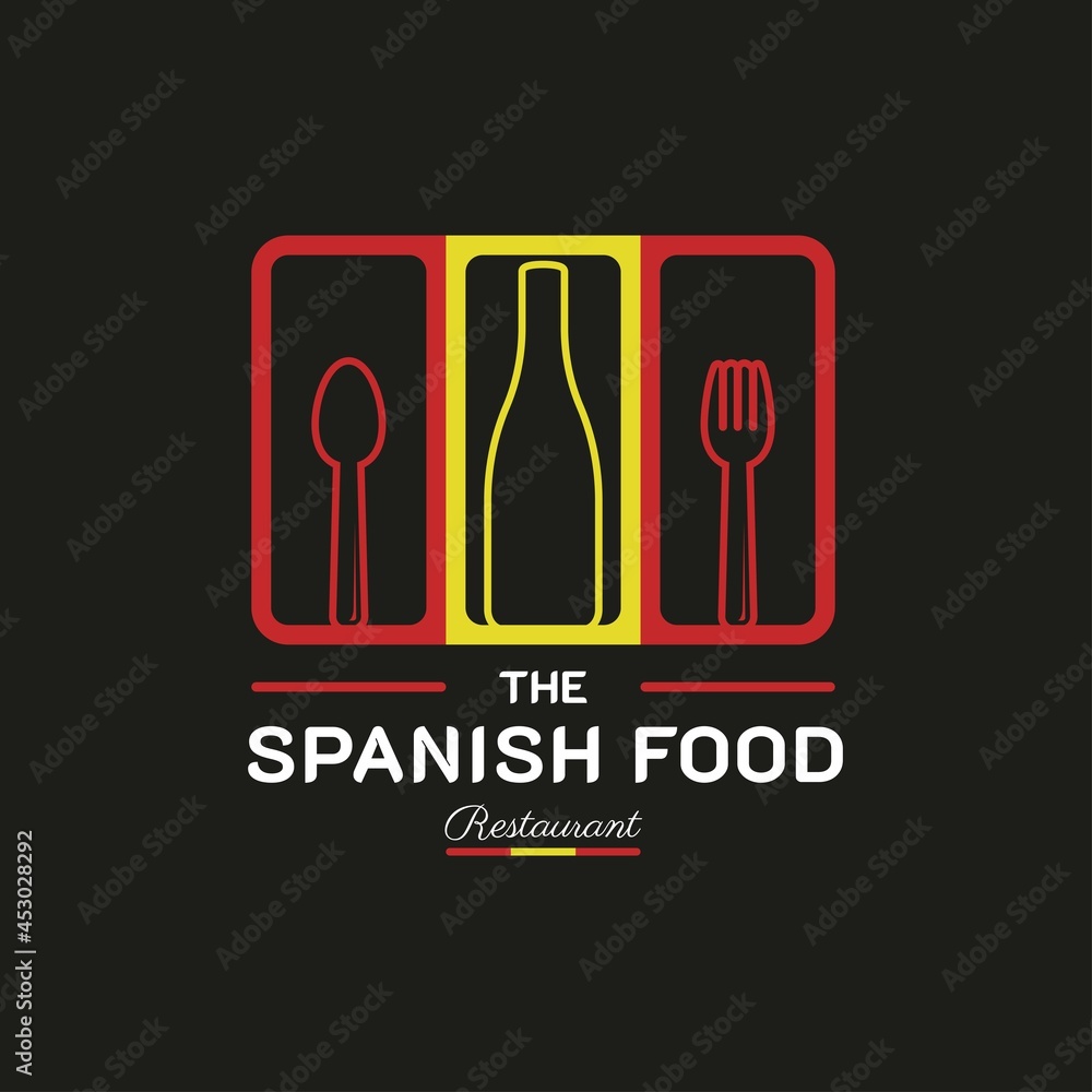 Spanish Food Restaurant Logo. Spain flag symbol with Spoon, Fork, and Wine Bottle icons. Premium and Luxury Logo Spanish Food Restaurant Logo. Spain flag symbol with Spoon, Fork, and Wine Bottle icons. Premium and Luxury Logo