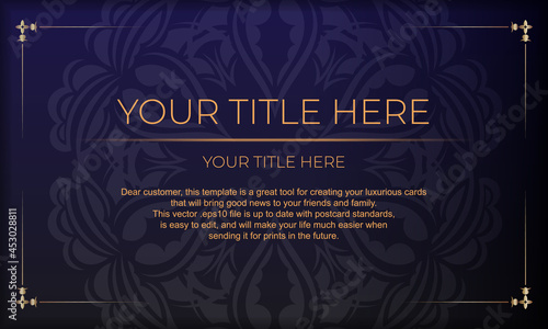 Template for a printable design of an invitation card with a luxurious ornament. Purple vector banner with greek luxury ornaments for your design.