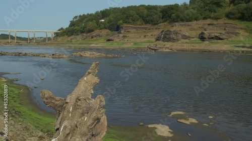 Dry trunk of a tree next to a river with little water. photo