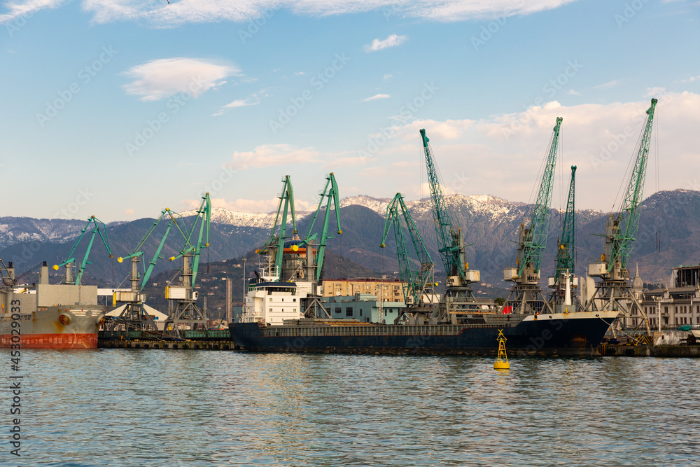 Cargo port on Black Sea in Batumi in spring sunny day, Georgia