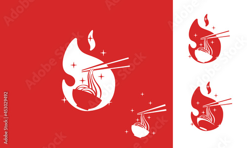 hot spicy ramen noodle with bowl and fire logo illustration