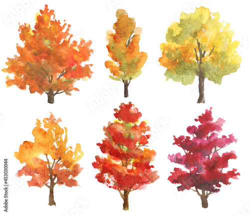 Set of watercolor autumn trees isolated on white background. Hand drawn illustration