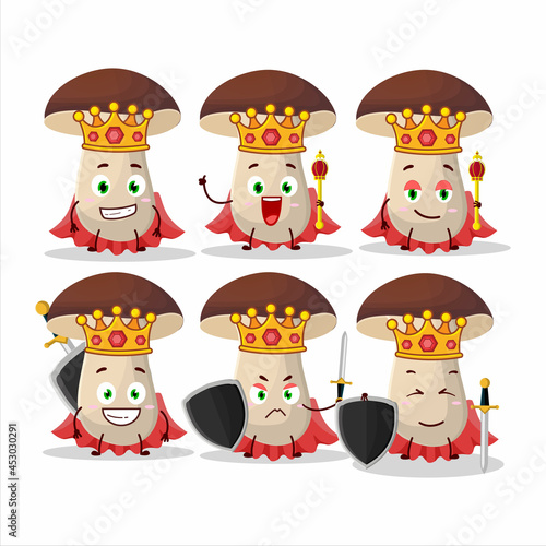 A Charismatic King porcini cartoon character wearing a gold crown