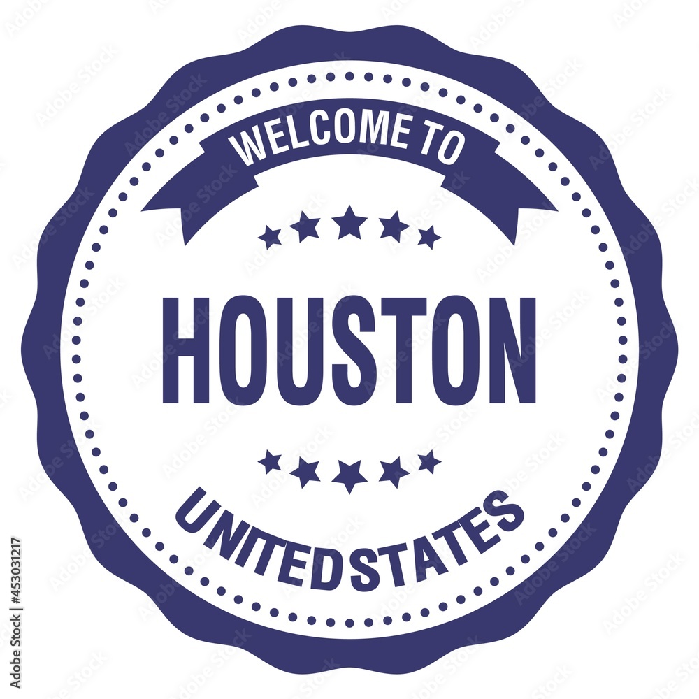 WELCOME TO HOUSTON - UNITED STATES, words written on blue stamp