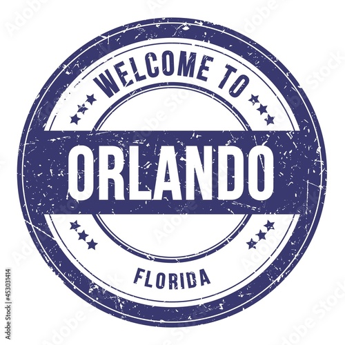 WELCOME TO ORLANDO - FLORIDA, words written on blue stamp