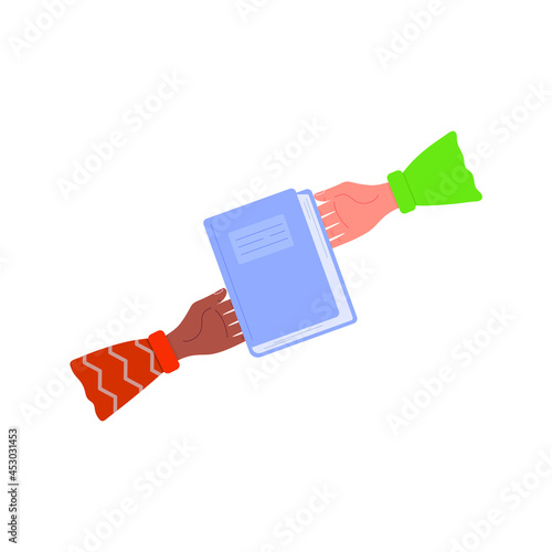 Give a book. The hand passes the book to the other hand. International Book Giving Day.  Vector illustration, flat cartoon color minimal design, isolated on white background, eps 10.