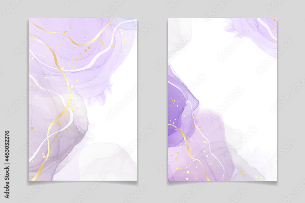 Abstract luxury lavender liquid watercolor background with golden cracks. Pastel violet marble alcohol ink drawing effect. Vector illustration design template for wedding invitation Abstract luxury lavender liquid watercolor background with golden cracks. Pastel violet marble alcohol ink drawing effect. Vector illustration design template for wedding invitation