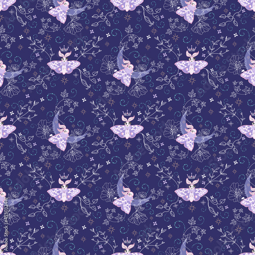 Vector celestial nocturnal  seamless pattern with lavender moth butterflies on dark purple starry night sky, magic spells curves, flowers and greenery. Perfect for girls childish textile design.