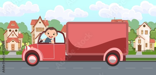 Truck. Cartoon childrens illustration. Children on vacation. Town landscape with suburban road. Automotive tourism. Travel children. Fun and happy. Vector