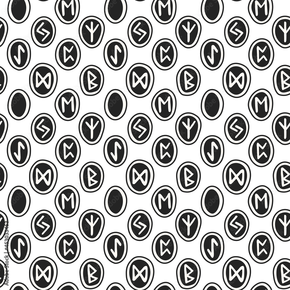 Scandinavian magic runes. Fortune teller, prediction. Halloween witchcraft tool. Black and white ink seamless pattern, texture. Packaging wrapping paper design. Editable background.