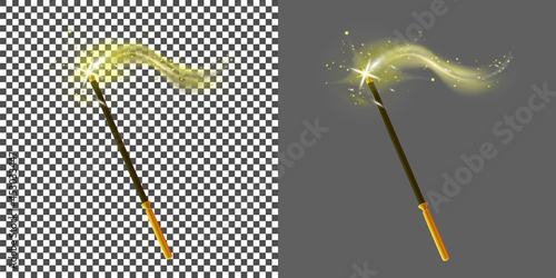 Realistic magic wand and stars flat icon. Cartoon sorcery stick isolated on dark and transparent background. Celebration symbol. Birthday party, festive glittering. Vector illustration.