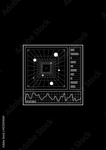 Retrofuturistic t-shirt and apparel design with a perspective grid tunnel, scales, diagrams in HUD style square frame. The 1980s aesthetics. Black and white print. Vector