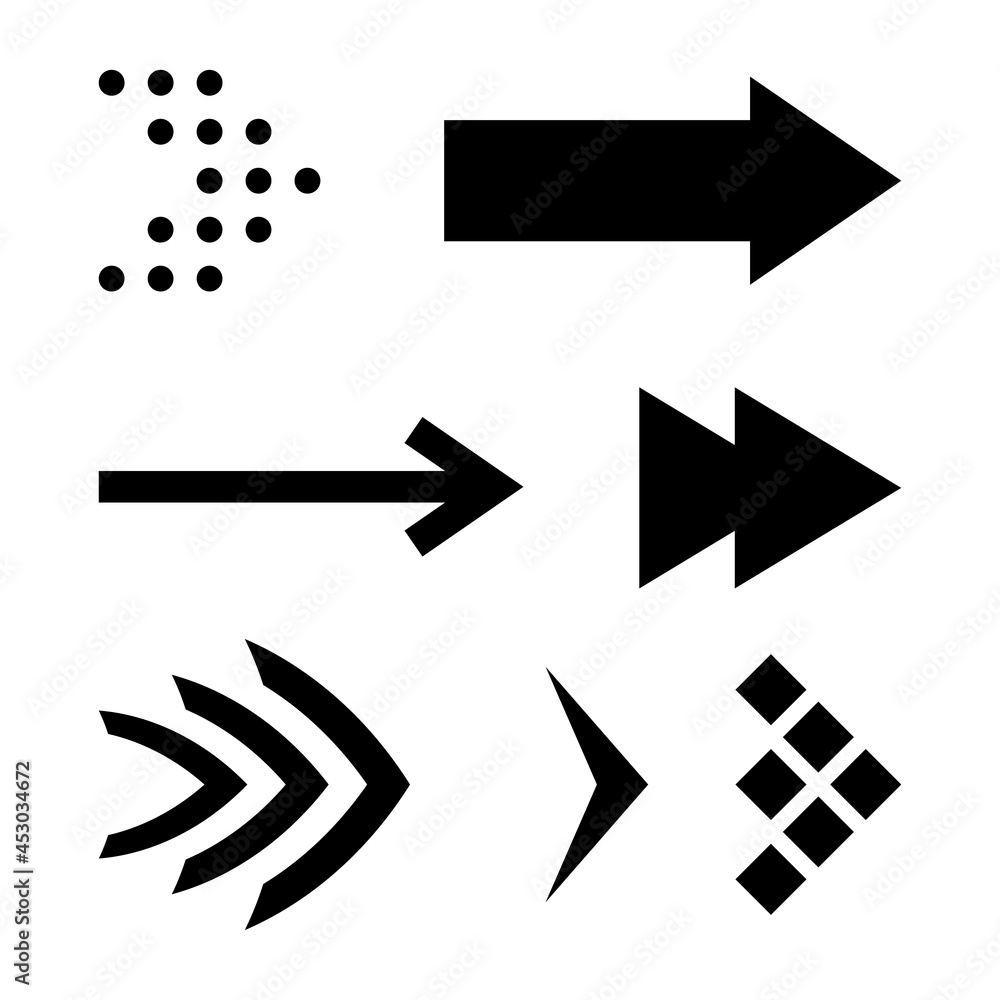 Icon Set of Flat Arrows. Isolated Black Arrow Icon Collection for Back and Next User Interface Icons. Different Concept for Previous or Forward Minimal Web Buttons on White Backdrop