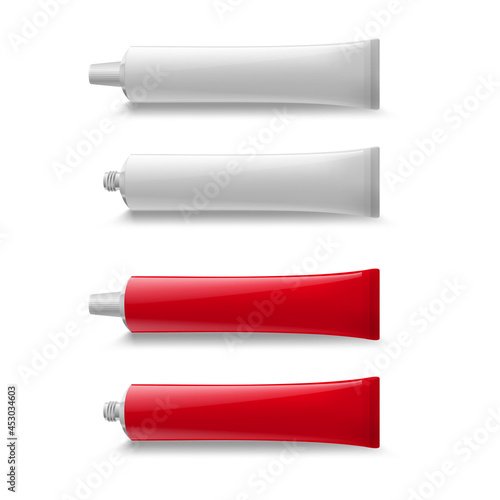 Blank Cosmetic Realistic Tube for Toothpaste or Cream Mockup. White Plastic Tube for Medicine or Cosmetics - Cream, Toothpaste. Realistic Packaging Mockup Template in Red and White Colors
