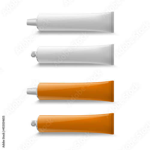 Blank Cosmetic Realistic Tube for Toothpaste or Cream Mockup. White Plastic Tube for Medicine or Cosmetics - Cream, Toothpaste. Realistic Packaging Mockup Template in Orange and White Colors