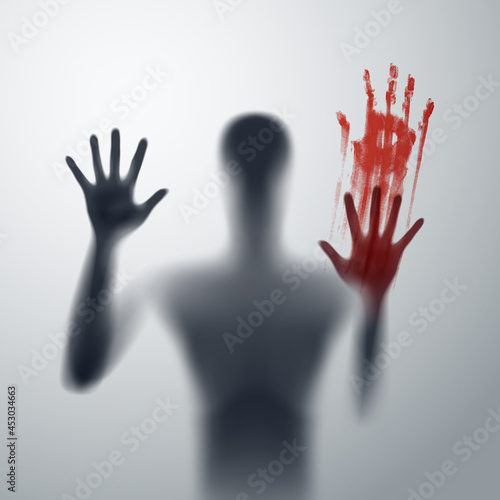 Shadow Blur of Horror Man Behind the Matte Glass. Blurry Hand, Body Figure Abstraction, and Two Palms with Blood. The Reflection of the Silhouette Through the Light