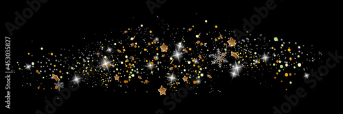 Golden confetti isolated on checkered background. Festive vector illustration