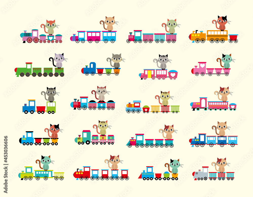 cute cat on train cartoon illustration vector set cute cat on train cartoon illustration vector set