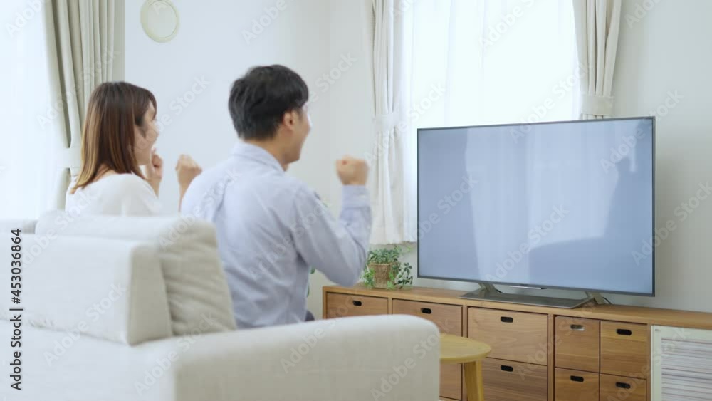 テレビでスポーツ観戦をし応援しているチームが勝ち喜ぶ夫婦・カップル テレビでスポーツ観戦をし応援しているチームが勝ち喜ぶ夫婦・カップル