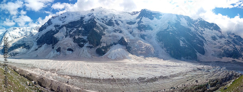 Panoramic view of the Bezengi wall. Bezengi glacier and the glacial landscape. Main Caucasian Range. "Small Himalayas", Kabardino-Balkaria, Russia.