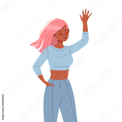 Young Woman Character with Pink Hair Posing for Selfie Smiling for the Camera and Waving Hand Vector Illustration