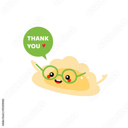 Cute happy cartoon style pierogi, filled dumpling character in glasses with speech bubble saying thank you, showing appreciation, gratitude.