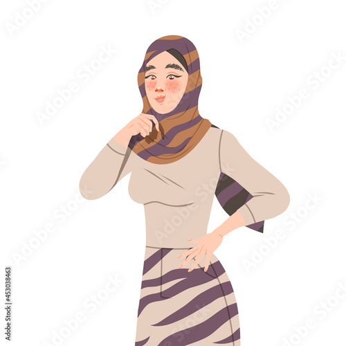 Young Muslim Woman in Hijab Posing for Selfie Smiling for the Camera Vector Illustration