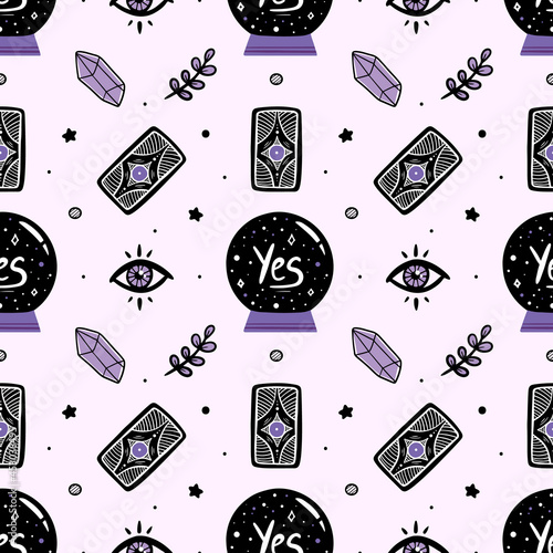 Vector seamless pattern background with crystal ball, mystical eyes, tarot cards, crystals and herbs for magic, witchcraft and fortune-telling design.
