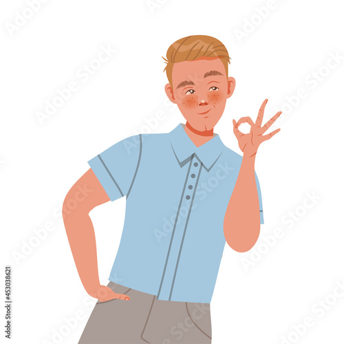 Young Man Character Posing for Selfie Smiling for the Camera and Showing Ok Gesture Vector Illustration