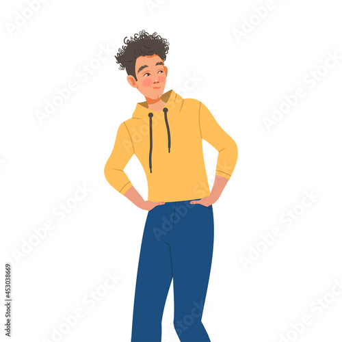 Young Freckled Man Character in Yellow Hoody Posing for Selfie Smiling for the Camera Vector Illustration