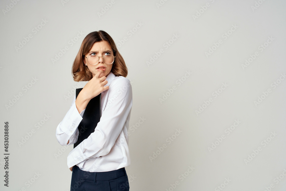 Business woman in white shirt documents manager office work Business woman in white shirt documents manager office work