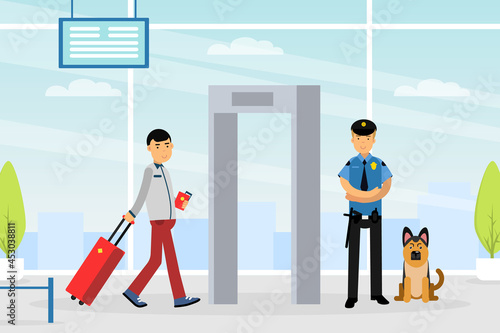 Man Tourist Character with Suitcase Walking Through Metal Detection Equipment at Airport Vector Illustration