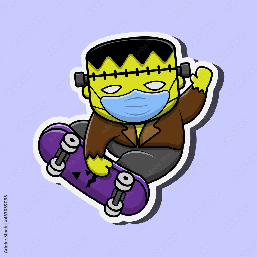 Naklejka premium Frankenstein Wear a Mask Playing Skateboard Vector Illustration.Good for a Zombie mascot, Halloween Icon, emoticons, sticker.