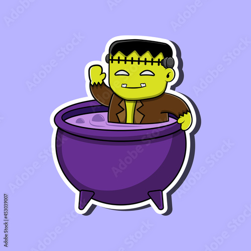 Frankenstein Taking a bath Cartoon Vector Illustration. Halloween Character Icon Illustration Isolated on Purple Background.