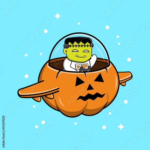 Frankenstein Riding Spaceship Cartoon Vector Illustration. Halloween Character Icon.