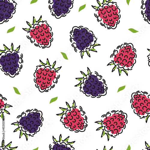 Raspberry and blackberry seamless pattern. Berries on a white isolated background. Abstract. Vector illustration