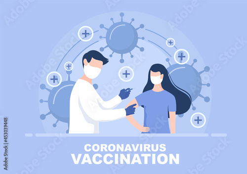 Coronavirus Vaccination With Syringe Injection Tool And Medicine, Doctors To Help Provide Covid 19 Vaccines For Self-Protection or Maintaining Health. Vector Illustration