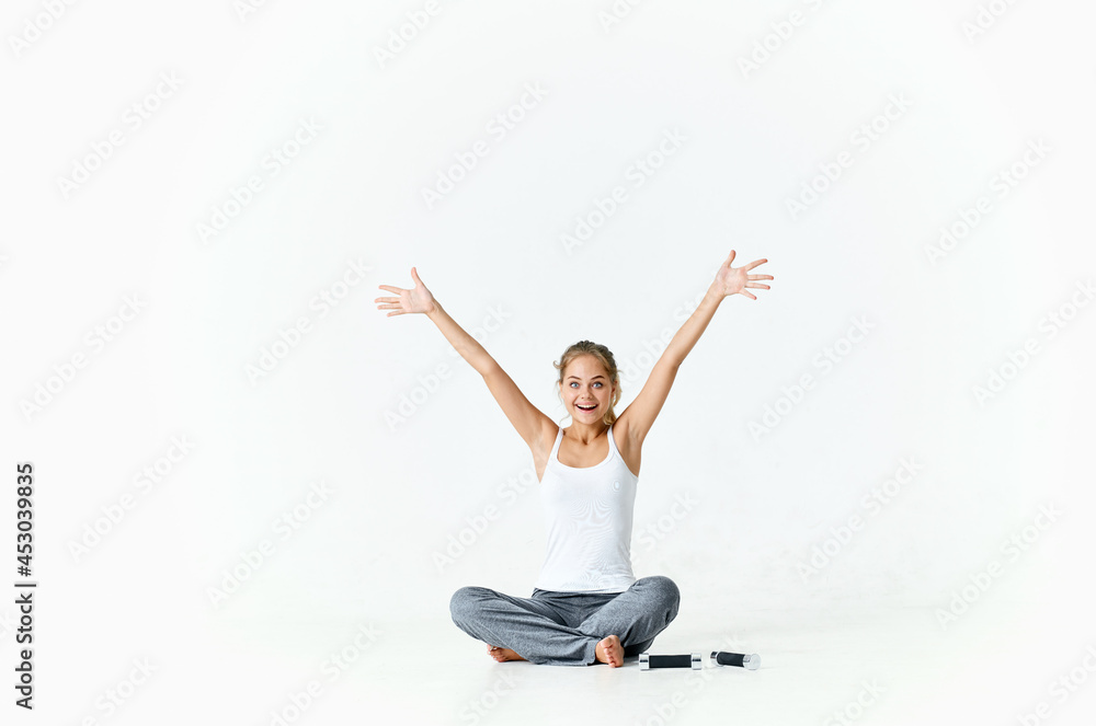 sportive woman dumbbell exercise muscle energy isolated background sportive woman dumbbell exercise muscle energy isolated background