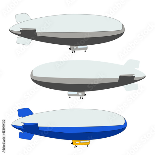 Set of grey-blue airship Zeppelin dirigible with outline and no outline