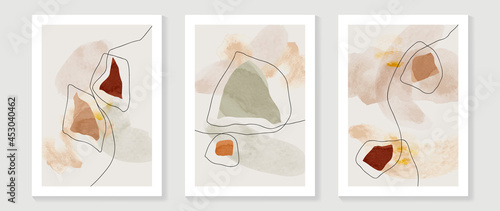 Mid century modern triptych wall art vector. Abstract art background with abstract shapes line drawing and watercolor texture. Hand paint design for wall decor, poster and wallpaper.